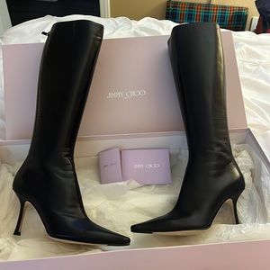 Jimmy Choo Knee High Black Leather Zip Up Boot